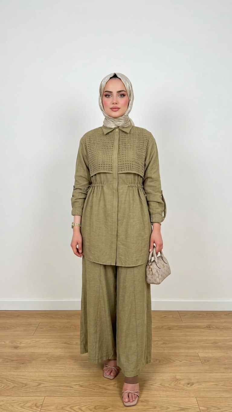 FİLE DETAYLI GİZLİ DÜĞMELİ BELİ BÜZGÜLÜ PANTOLONLU TAKIM HAKİ