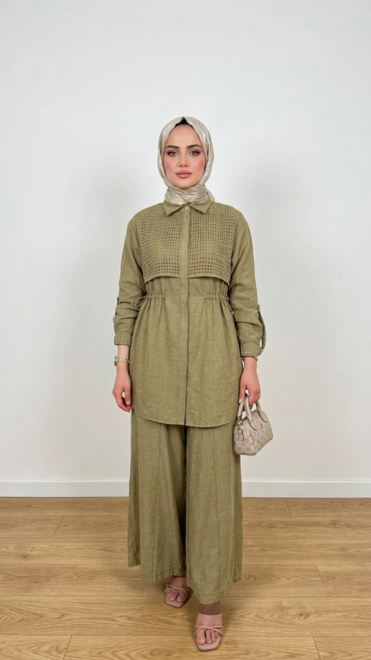 FİLE DETAYLI GİZLİ DÜĞMELİ BELİ BÜZGÜLÜ PANTOLONLU TAKIM HAKİ