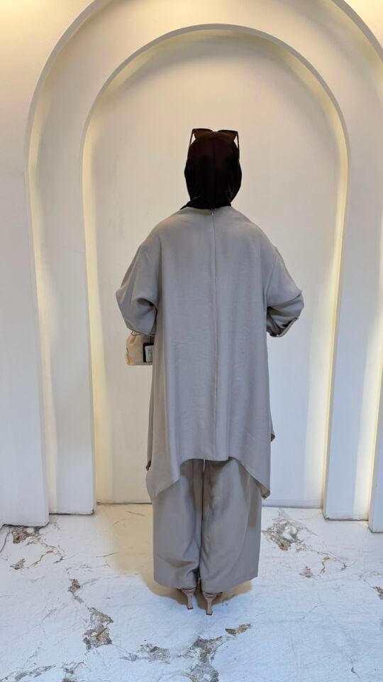 ASİMETRİK KESİM GRİ TUNİK PANTOLON
