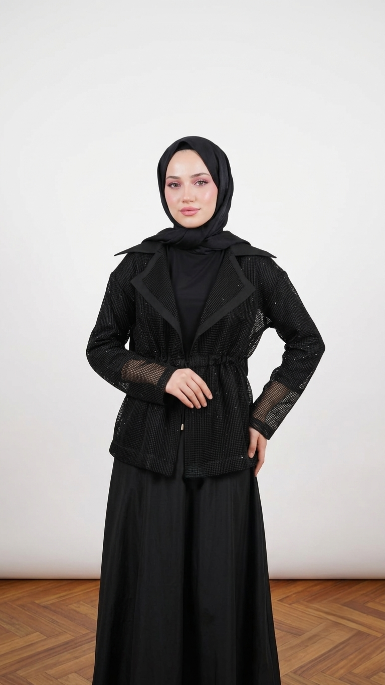 FİLE DETAYLI ETEKLİ PANTOLON TAKIM SİYAH