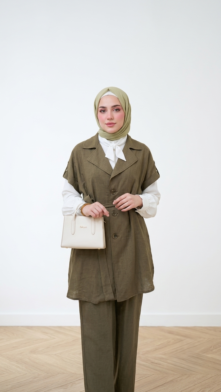 KUŞAK DETAYLI YELEKLİ PANTOLONLU TAKIM HAKİ YEŞİLİ