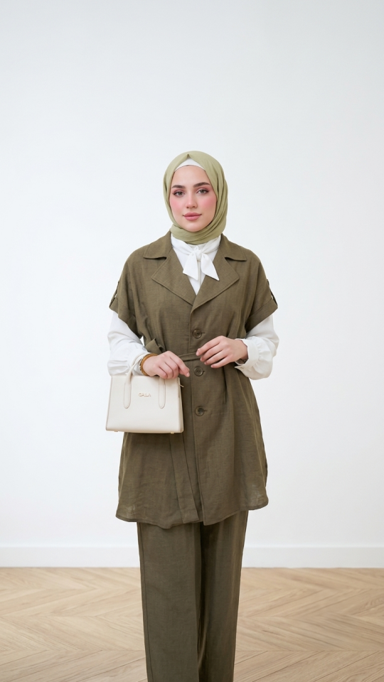 KUŞAK DETAYLI YELEKLİ PANTOLONLU TAKIM HAKİ YEŞİLİ