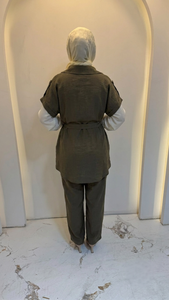 KUŞAK DETAYLI YELEKLİ PANTOLONLU TAKIM HAKİ YEŞİLİ