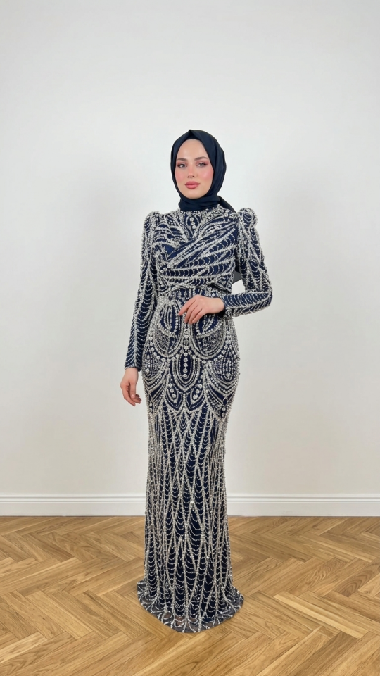 TAŞLI PAYETLİ KOL DETAYLI TESETTÜR ABİYE LACİVERT