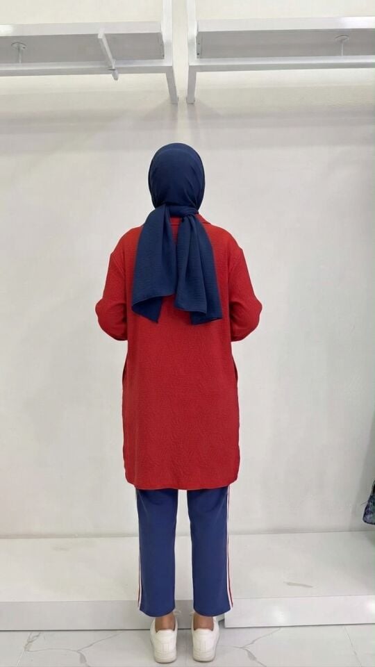 FERMUARLI TUNİK VE ŞERİT DETAYLI PANTOLON SPOR İKİLİ TAKIM KIRMIZI