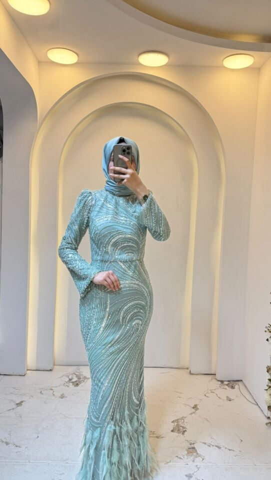 TÜYLÜ PAYETLİ BALIK MODEL TESETTÜR ABİYE TURKUAZ