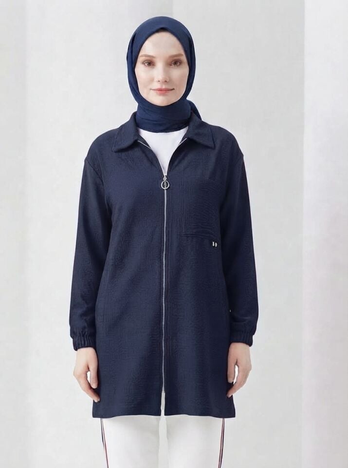 FERMUARLI TUNİK VE ŞERİT DETAYLI PANTOLON SPOR İKİLİ TAKIM LACİVERT