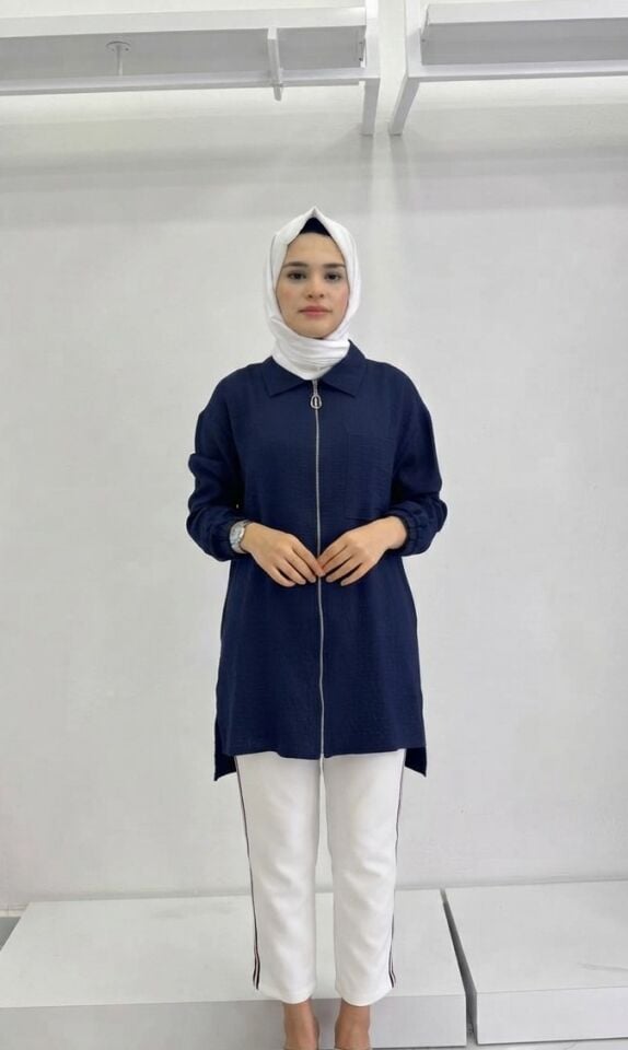 FERMUARLI TUNİK VE ŞERİT DETAYLI PANTOLON SPOR İKİLİ TAKIM LACİVERT