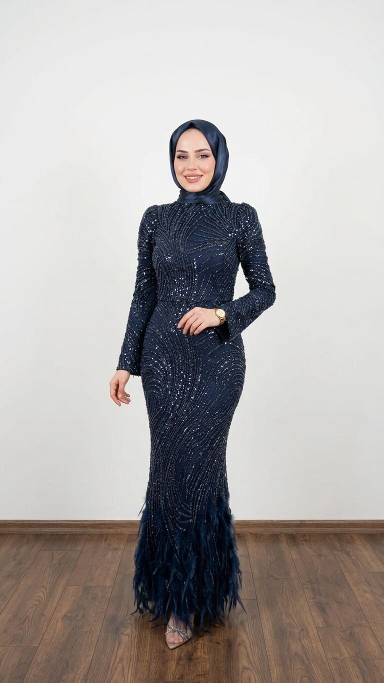 TÜYLÜ PAYETLİ BALIK MODEL TESETTÜR ABİYE LACİVERT