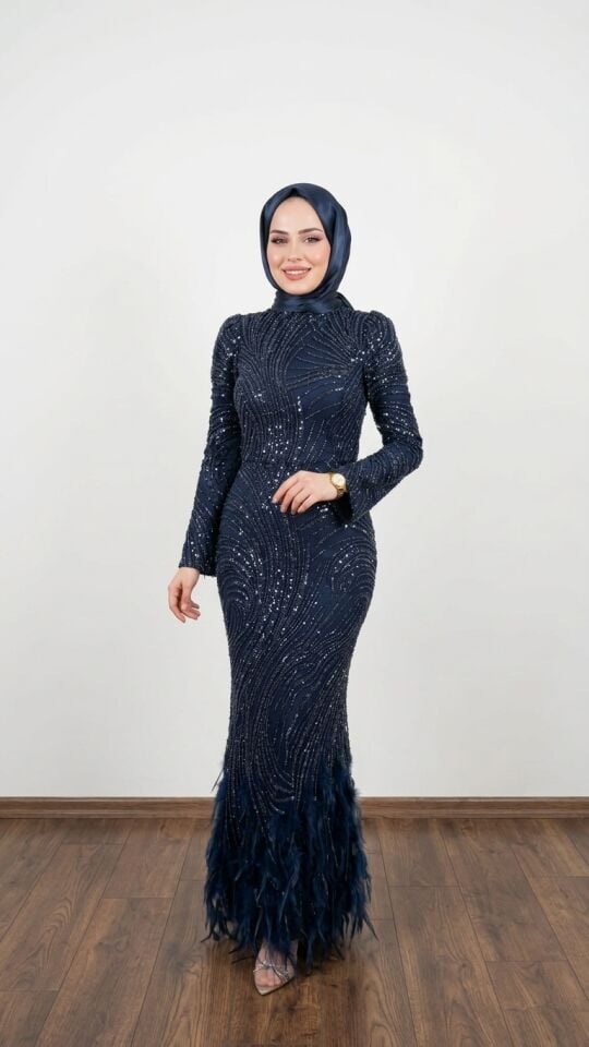 TÜYLÜ PAYETLİ BALIK MODEL TESETTÜR ABİYE LACİVERT