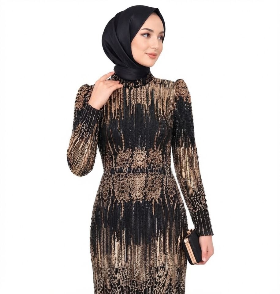 PAYET İŞLEMELİ BALIK MODEL BÜYÜK BEDEN TESETTÜR ABİYE SİYAH GOLD