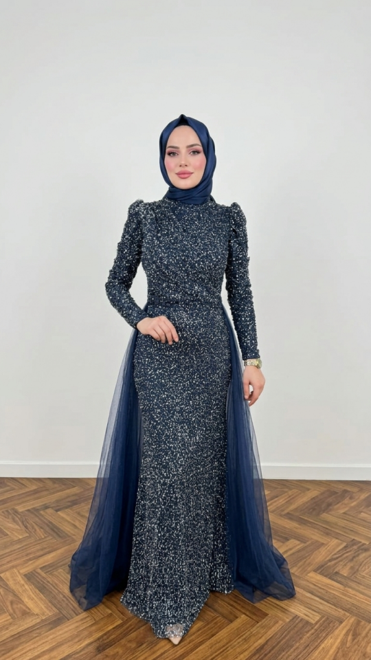 PULLU PAYETLİ PELERİNLİ TESETTÜR ABİYE LACİVERT