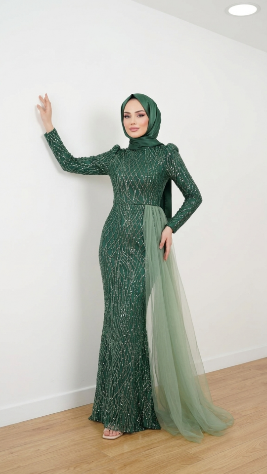 PULLU PAYETLİ BALIK MODEL ABİYE YEŞİL