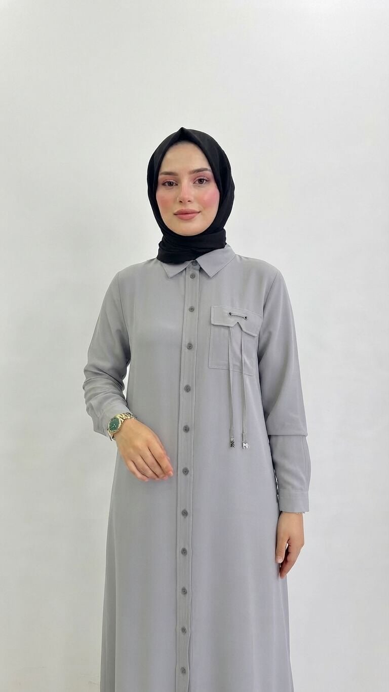 KUŞ GÖZÜ VE BAĞCIK DETAYŞI RAHAT KESİM TUNİK GRİ