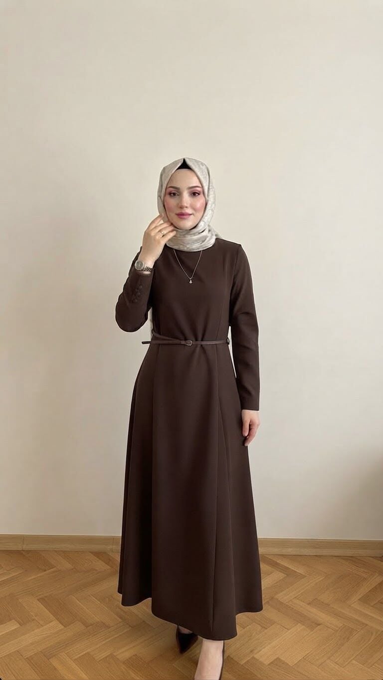 REFKA KUP DETAYLI A FORM BASİC TESETTÜR ELBİSE KAHVERENGİ