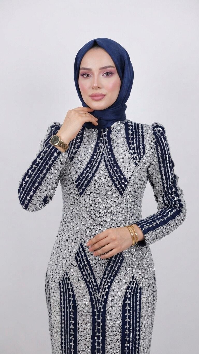GÜMÜŞ PAYET İŞLEMELİ TESETTÜR ABİYE LACİVERT