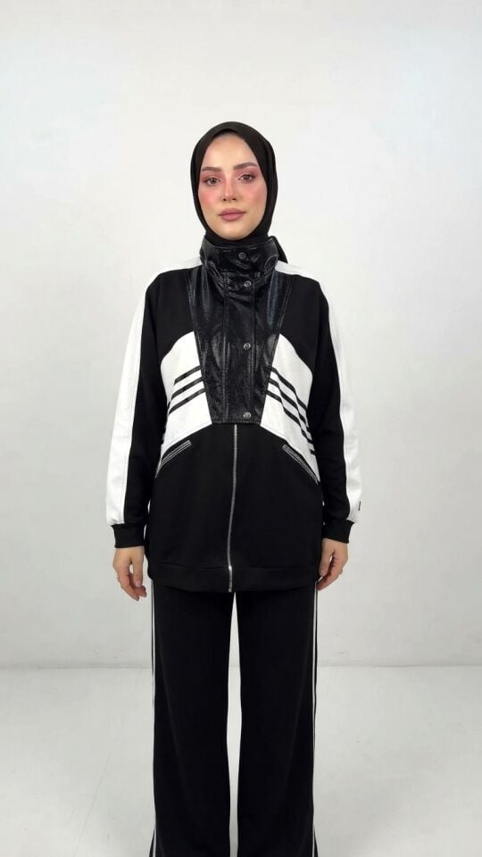 ŞERİT VE DERİ DETAYLI SPOR TAKIM SİYAH