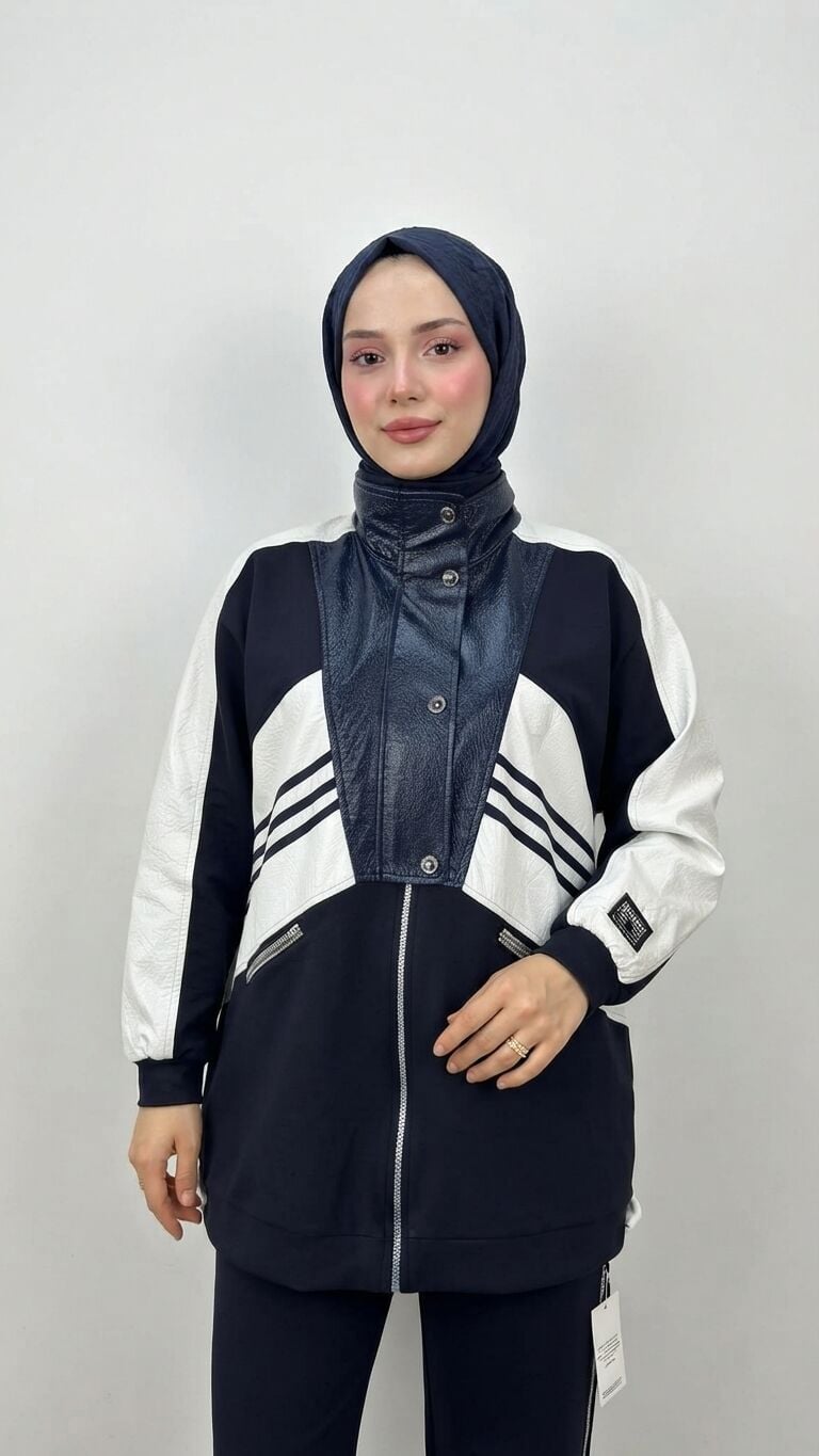 ŞERİT VE DERİ DETAYLI SPOR TAKIM LACİVERT