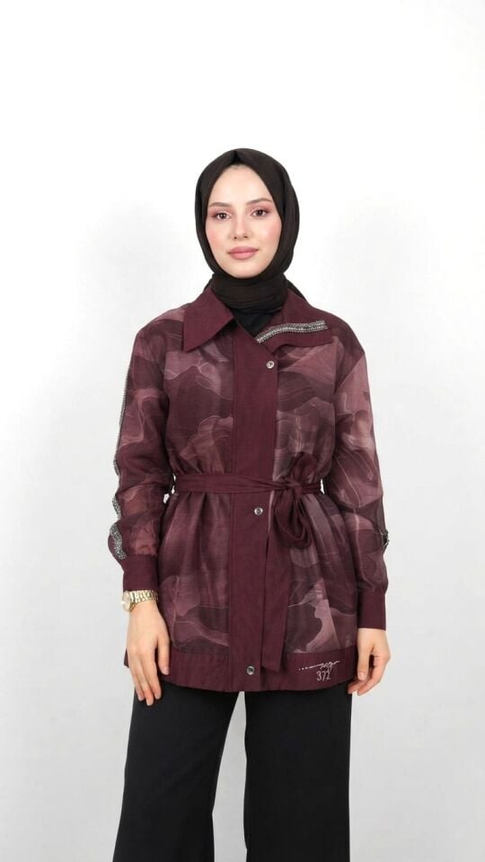 TAŞLI İŞLEMELİ KUŞAKLI TESETTÜR CEKET BORDO