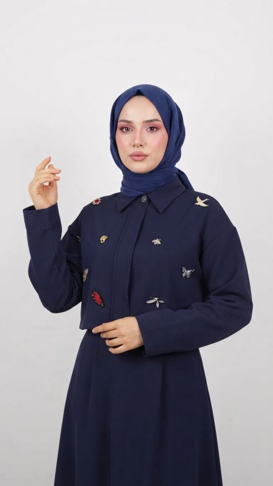 MY312 ÖNÜ AKSESUARLI ETEKLİ TAKIM LACİVERT