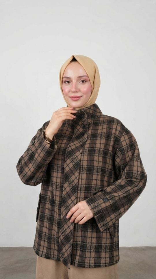 NİHAN DİK YAKA EKOSE GÖMLEK KAHVERENGİ