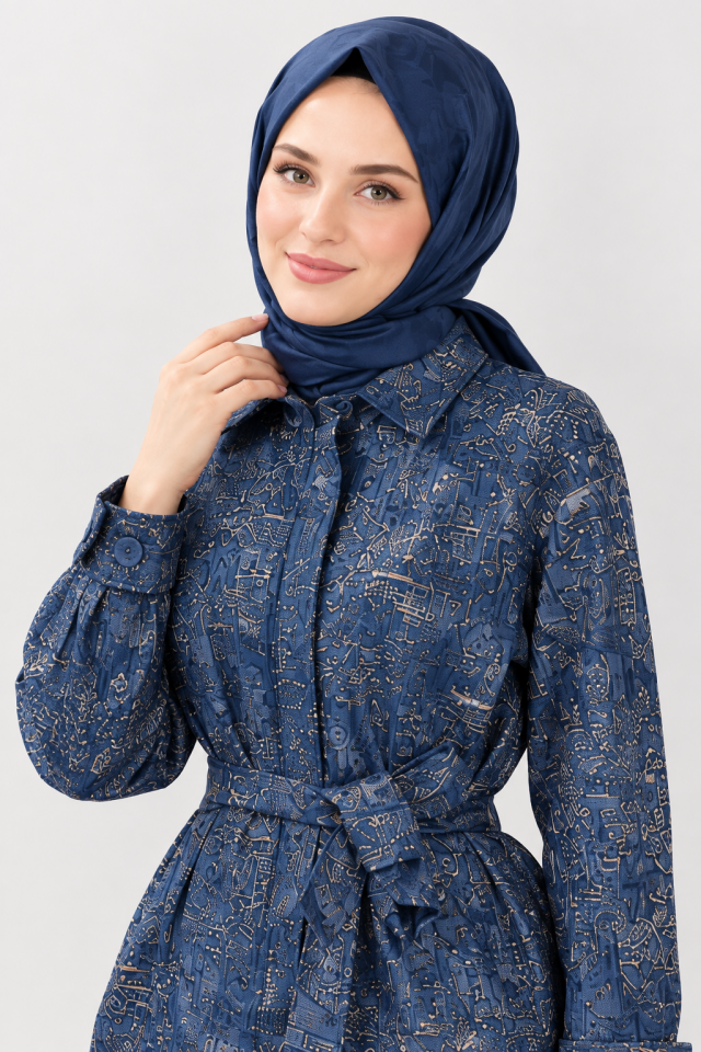 JAKAR KABARTMA DESENLİ VE KUŞAKLI TUNİK CEKET LACİVERT