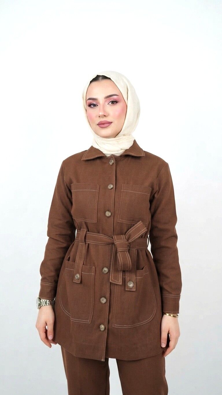 AVENNA KUŞAKLI DENİM İKİLİ TAKIM KAHVERENGİ