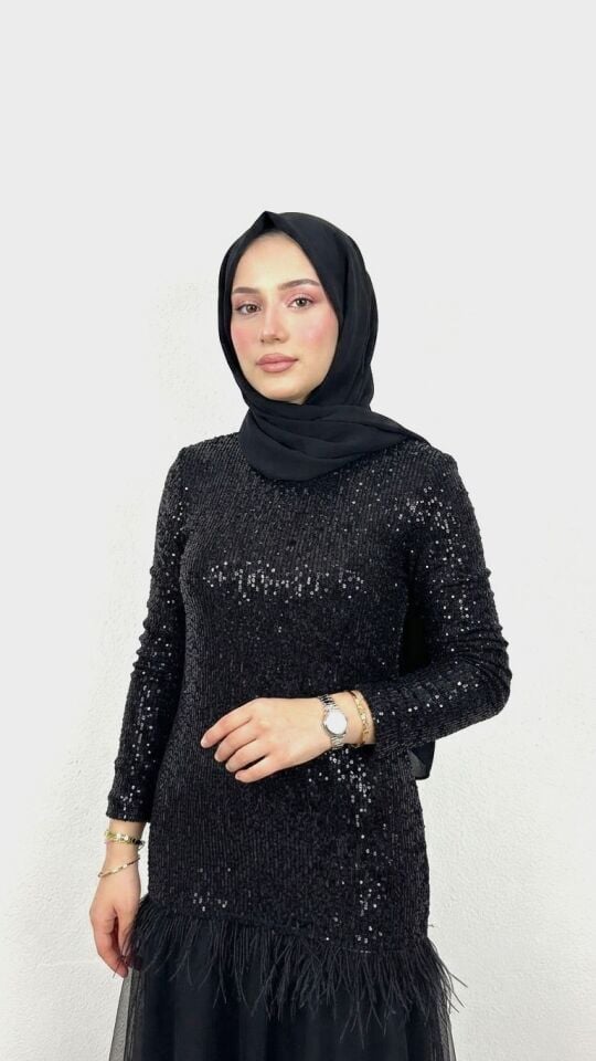 PAYET İŞLEMELİ TÜL ETEKLİ TESETTÜR ABİYE SİYAH