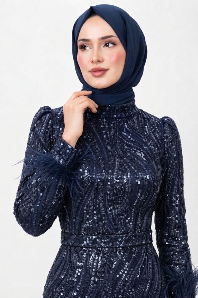TAŞLI PAYETLİ BİLEKTEN TÜYLÜ TESETTÜR BALIK ABİYE LACİVERT