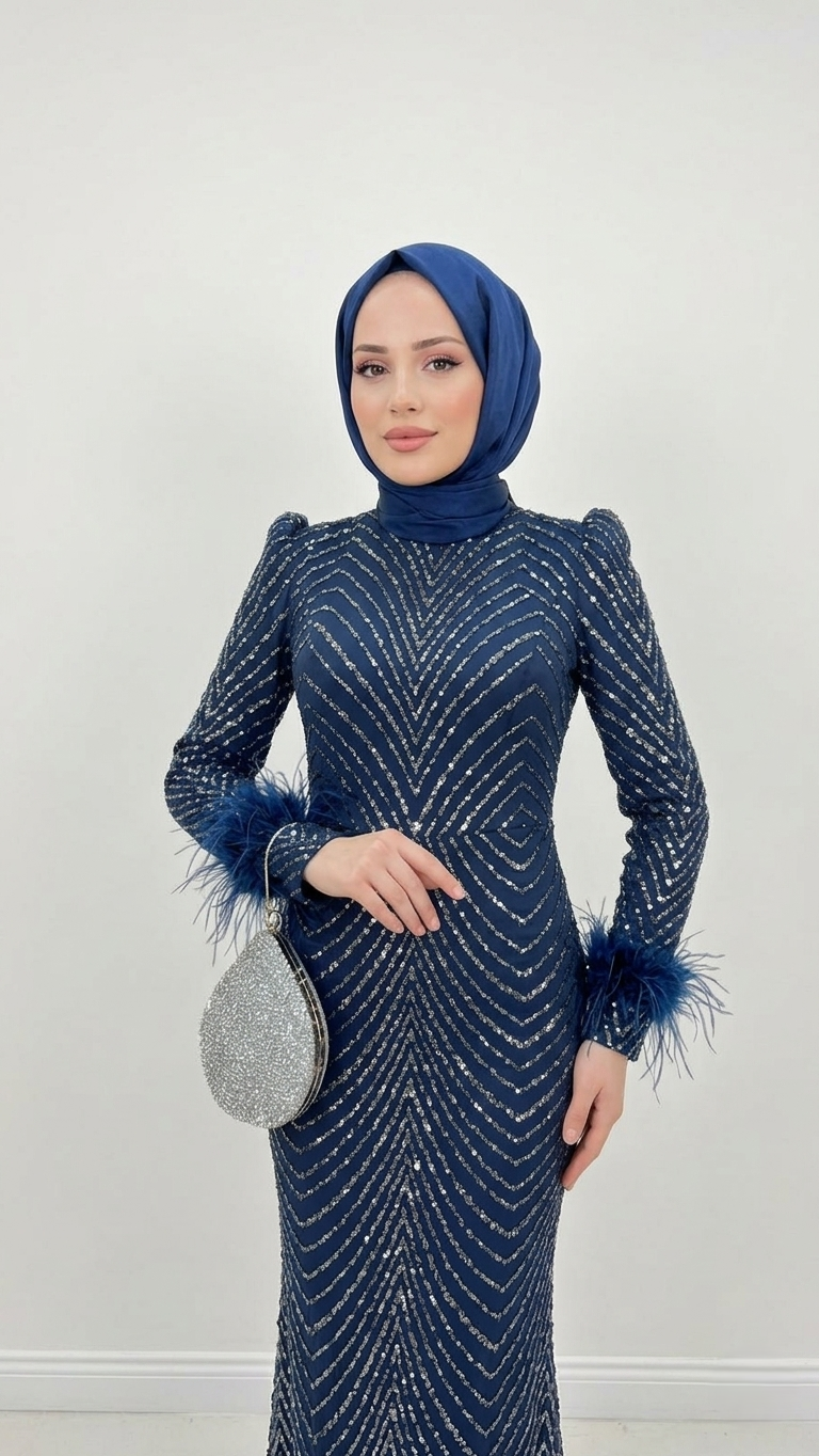BİLEKTEN TÜYLÜ TESETTÜR BALIK ABİYE LACİVERT