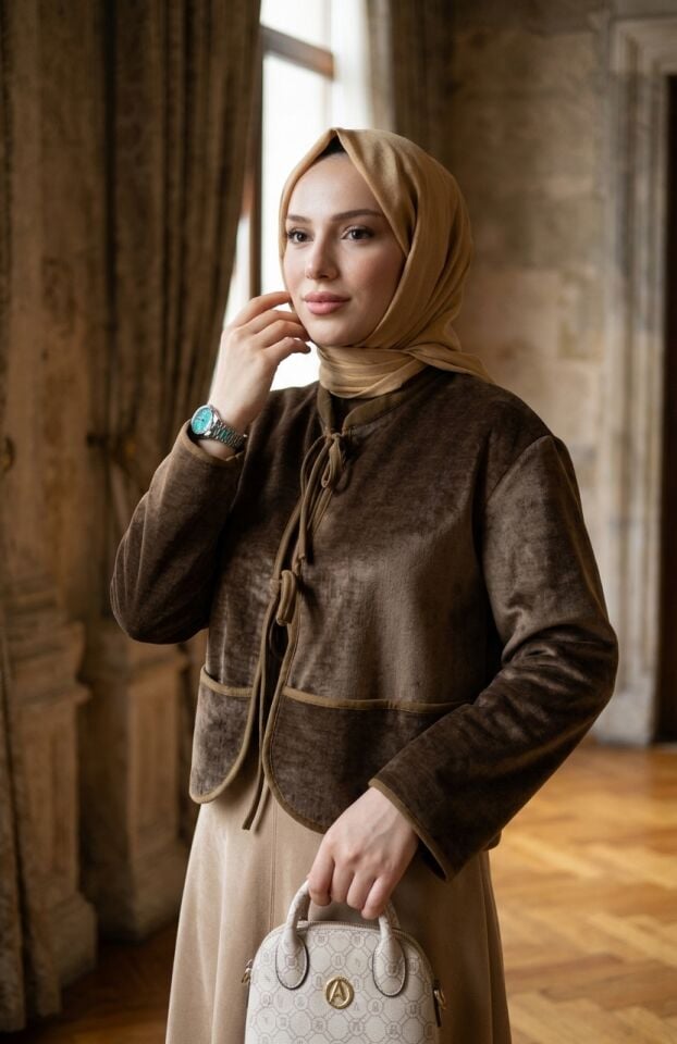 SÜET GAMİLİ FİYONKLU KADİFE ETEK CEKET CAMEL