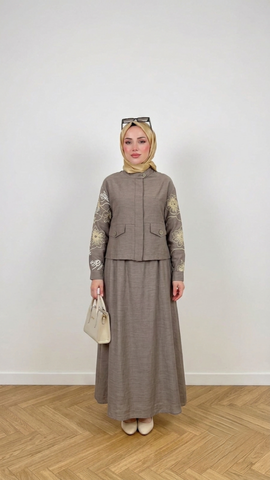 KOLLARI NAKIŞ İŞLEMELİ HAKİM YAKA ETEKLİ İKİLİ TAKIM KAHVERENGİ