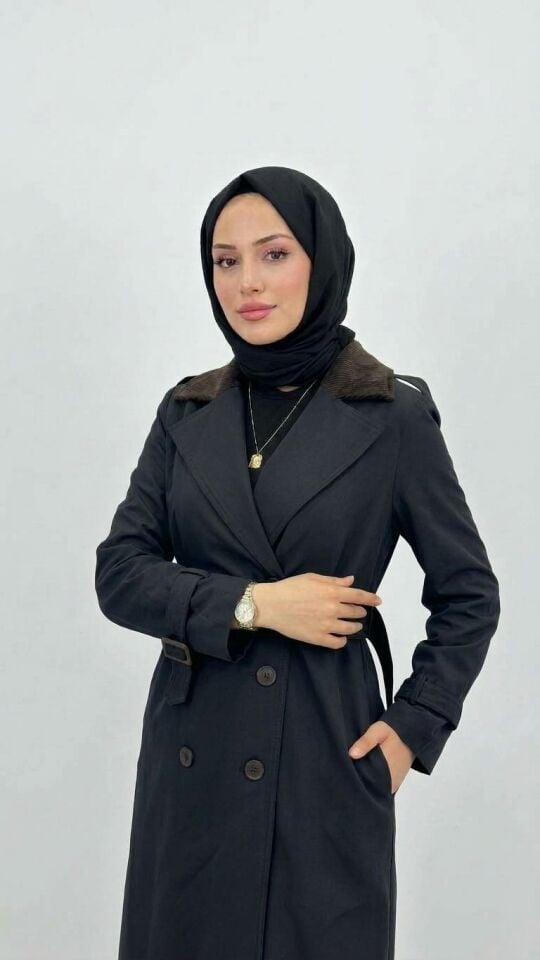 KONTRAST YAKA BELDEN KEMERLİ YANDAN CEPLİ TRENÇKOT SİYAH
