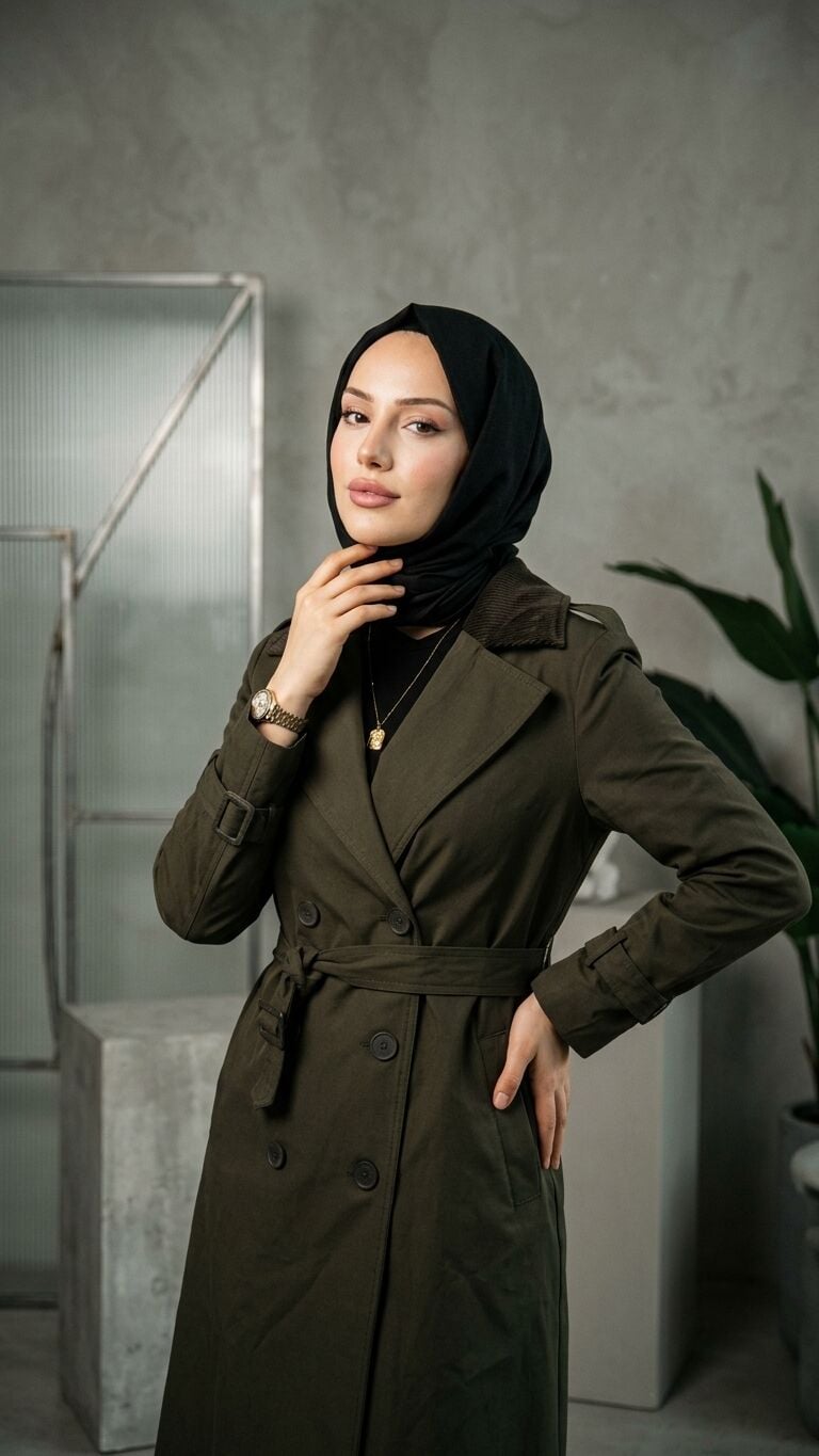 KONTRAST YAKA BELDEN KEMERLİ YANDAN CEPLİ TRENÇKOT HAKİ
