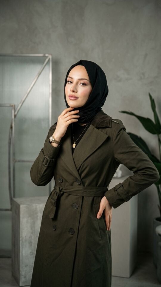 KONTRAST YAKA BELDEN KEMERLİ YANDAN CEPLİ TRENÇKOT HAKİ