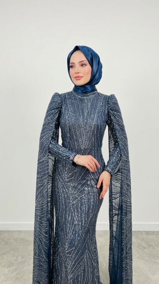 YOĞUN PUL PAYET KOLDAN PELERİNLİ TESETTÜR ABİYE LACİVERT