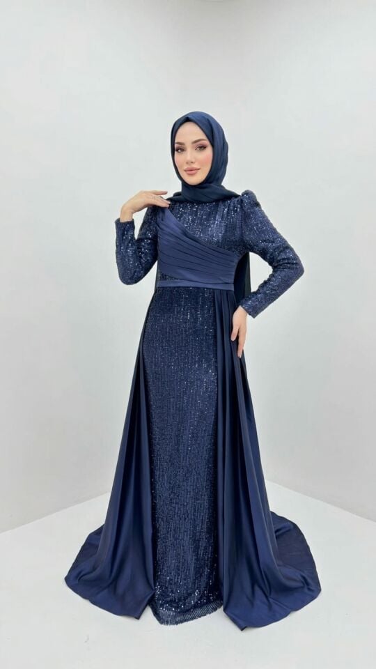 FUL PAYETLİ PELERİNLİ TESETTÜR ABİYE LACİVERT