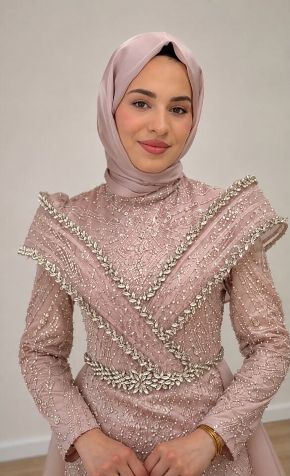 BELDEN PELERİNLİ TAŞ İŞLEMELİ TESETTÜR ABİYE PEMBE