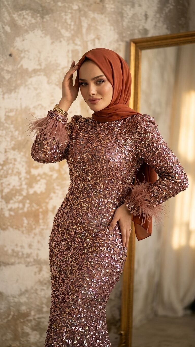 BOYDAN PAYET İŞLEMLİ BİLEKTEN TÜYLÜ TESETTÜR ABİYE PEMBE