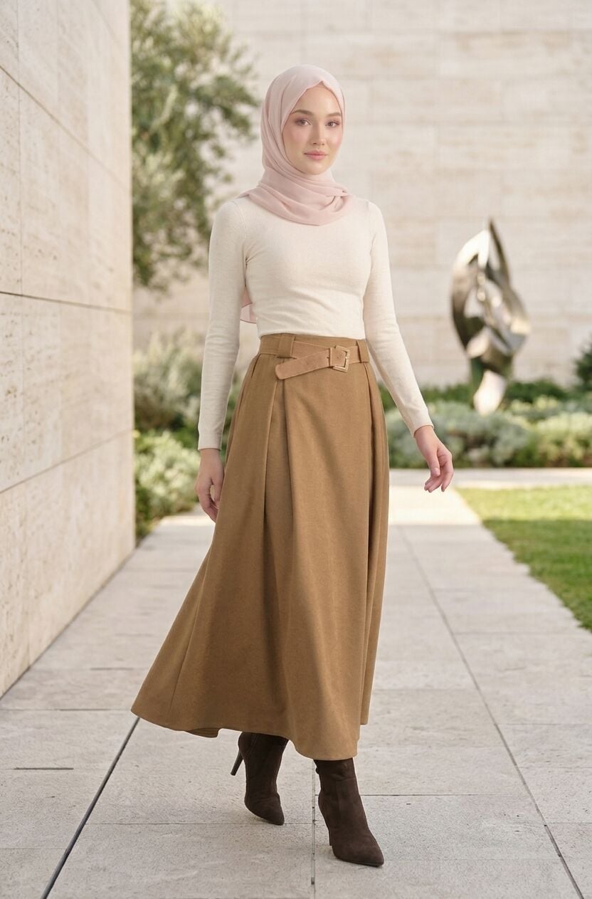 APOLET PİLE DETAYLI BELİ LASTİKLİ SPOR RAHAT ETEK CAMEL