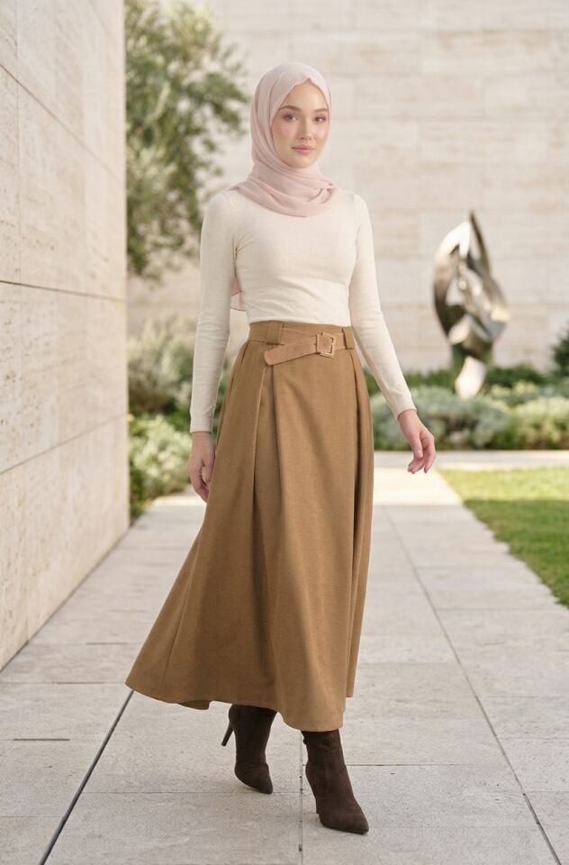 APOLET PİLE DETAYLI BELİ LASTİKLİ SPOR RAHAT ETEK CAMEL