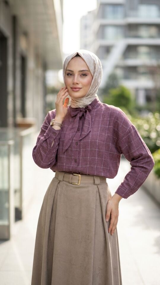 FULARLI ÇİZGİLİ GÖMLEK MÜRDÜM