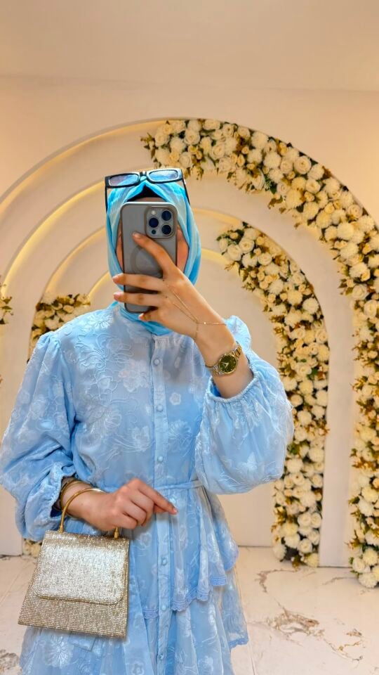 FIRFIRLI NAKIŞLI ELBİSE BEBE MAVİSİ