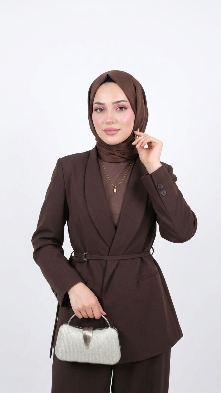 BELDEN KEMERLİ PANTOLON TUNİK TAKIM KAHVERENGİ