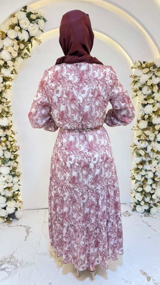 BÜZGÜ DETAYLI DESENLİ ÇİÇEKLİ ELBİSE BORDO