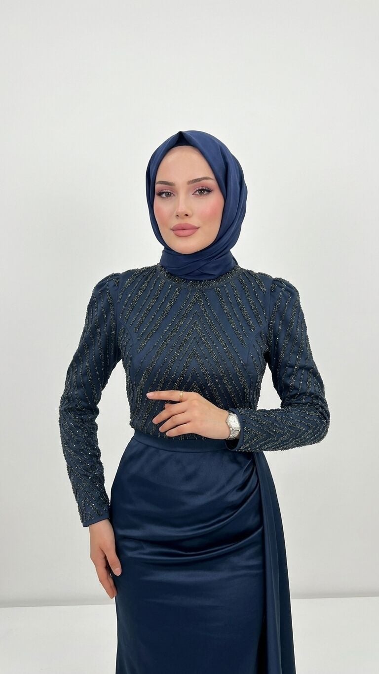 SATEN PAYETLİ BELDEN PELERİN DETAYLI TESETTÜR ABİYE LACİVERT