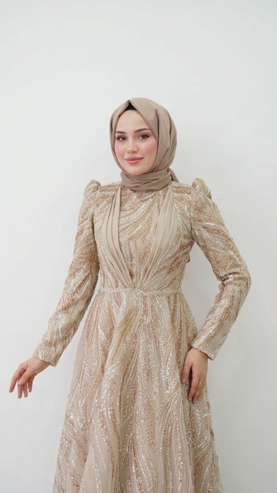 PUL PAYET KABARIK TESETTÜR ABİYE KREM RENGİ