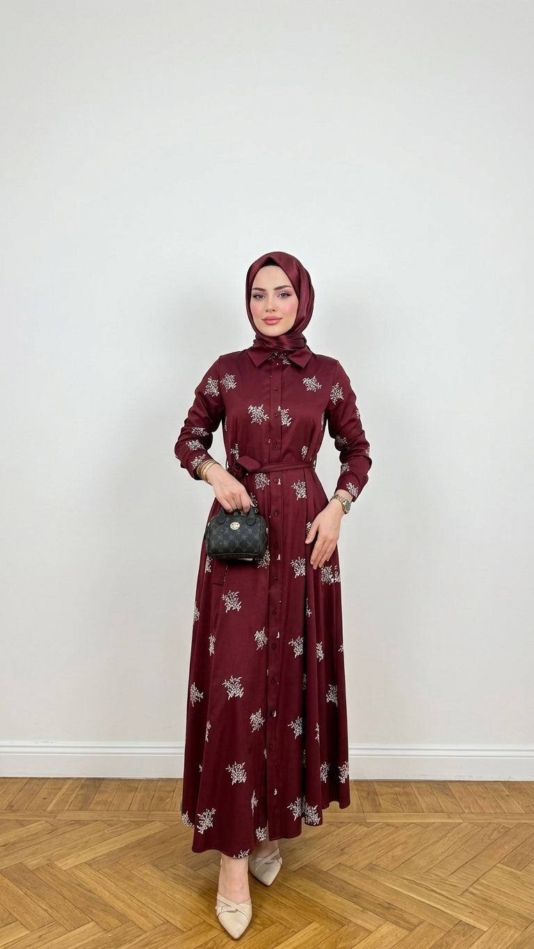 NAKIŞ DETAYLI PAMUK GÖMLEK ELBİSE BORDO
