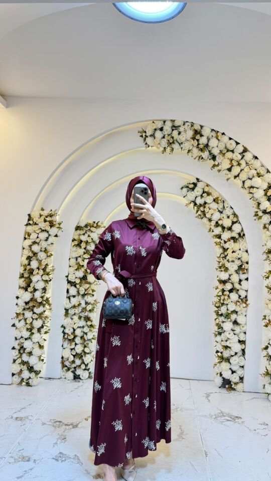 NAKIŞ DETAYLI PAMUK GÖMLEK ELBİSE BORDO