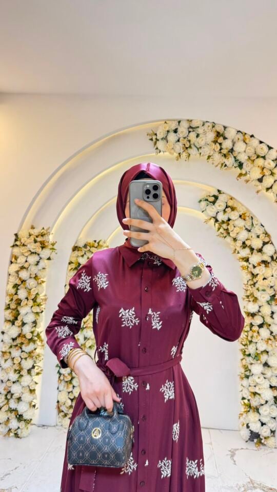 NAKIŞ DETAYLI PAMUK GÖMLEK ELBİSE BORDO